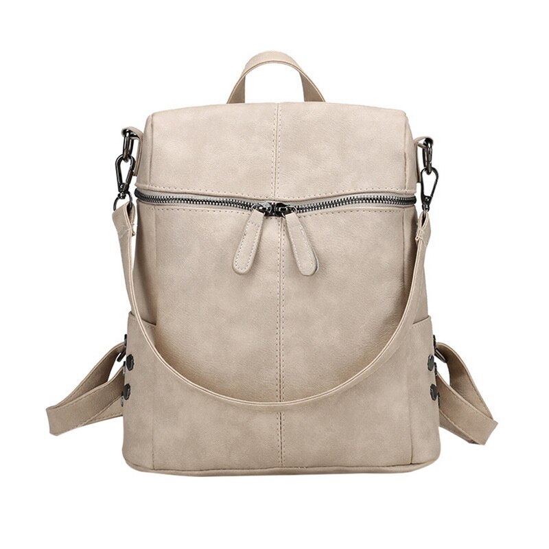 Mochila De cuero de para mujer, impermeable, de piel sintética, con cremallera, informal, para mujer, bolso de hombro para Adolescente, mochila escolar: Beige