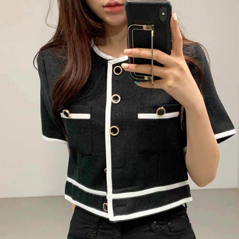 Gagarich damesjas koreaanse stijl chique ronde hals kleur bijpassende chique enkelrijs rechte dunne navel cropped jas top