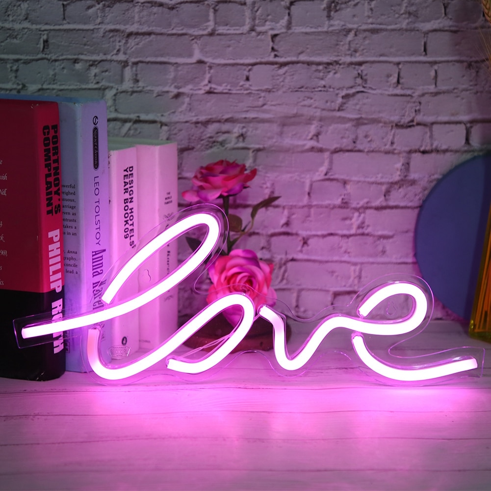 LED Neon Light Sign Love Shaped Transparent Panel Neon Lights Wall Hanging USB Night Lamp Bedroom Wedding Party Decor