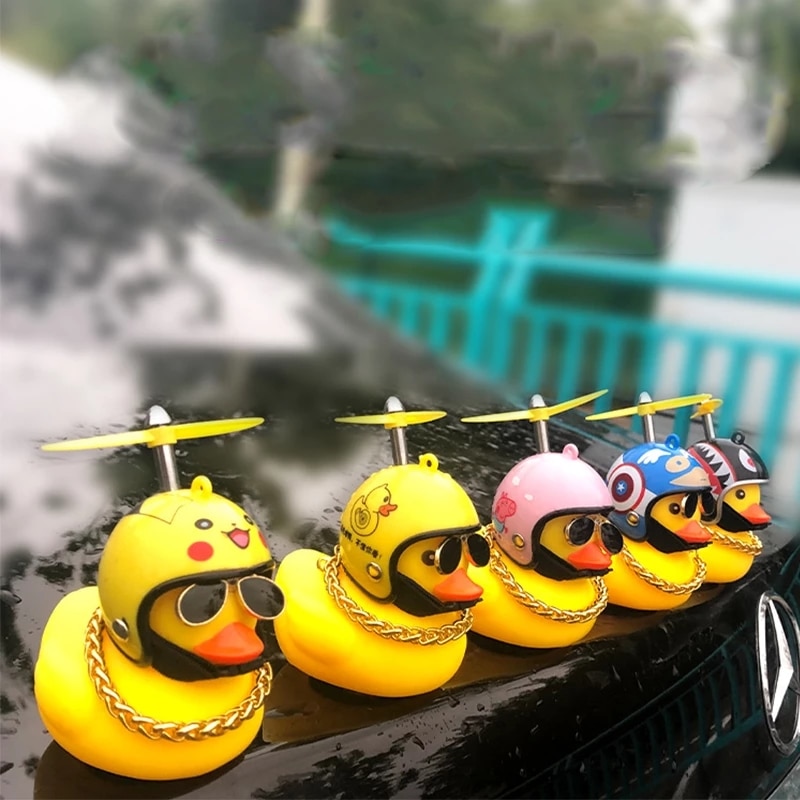 Rubber Duck Toy Car Ornaments Yellow Duck with Propeller Helmet Car Dashboard Decor Squeaking Glowing Duck Toys for Adults Kids