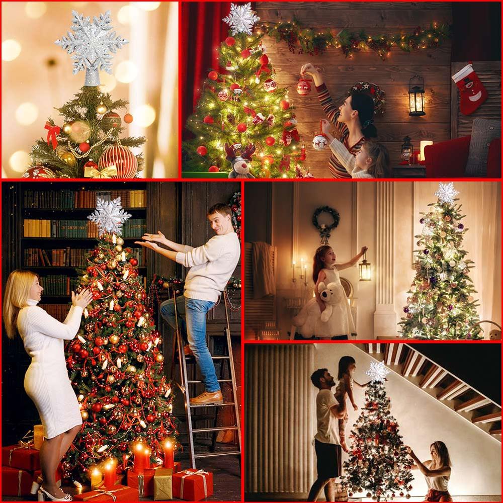 Ourwarm juletræ topper tændt med hvid snefnug projektor roterende 3d glitter tændte julepynt til træ