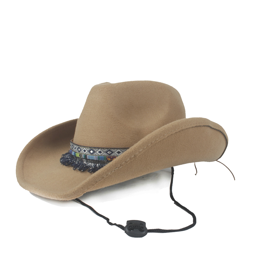 Kvinder uld hule vestlige cowboy hat bred skygge dame kvast outblack fedora sombrero hombre jazz cap: Khaki