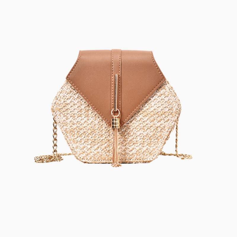 1PC sac de paille hexagone sac à main paille + cuir gland métal bohême rotin épaule été plage chaîne sac pour femme: Brown