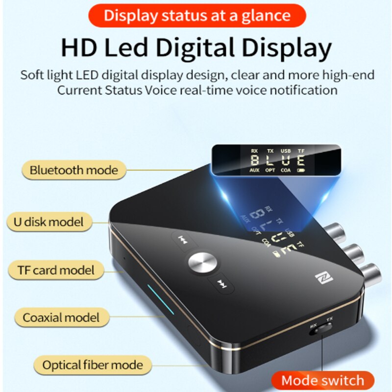 Bluetooth 5.0- empfänger, fm-stereo, 3.5mm aux-klinkenbuchsen, rca-optischer dongle, drahtloser sender für tv, pc, kopfhörer, nfc-audioadapter
