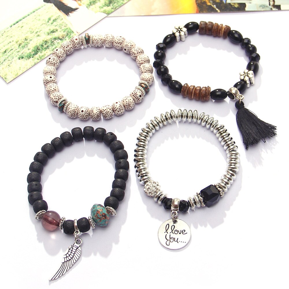 4pcs Boho Wings Heart Pendant Charm DIY Beads Bracelets Set Women Lava Stone Wristband Bracelet Bangles amazing price