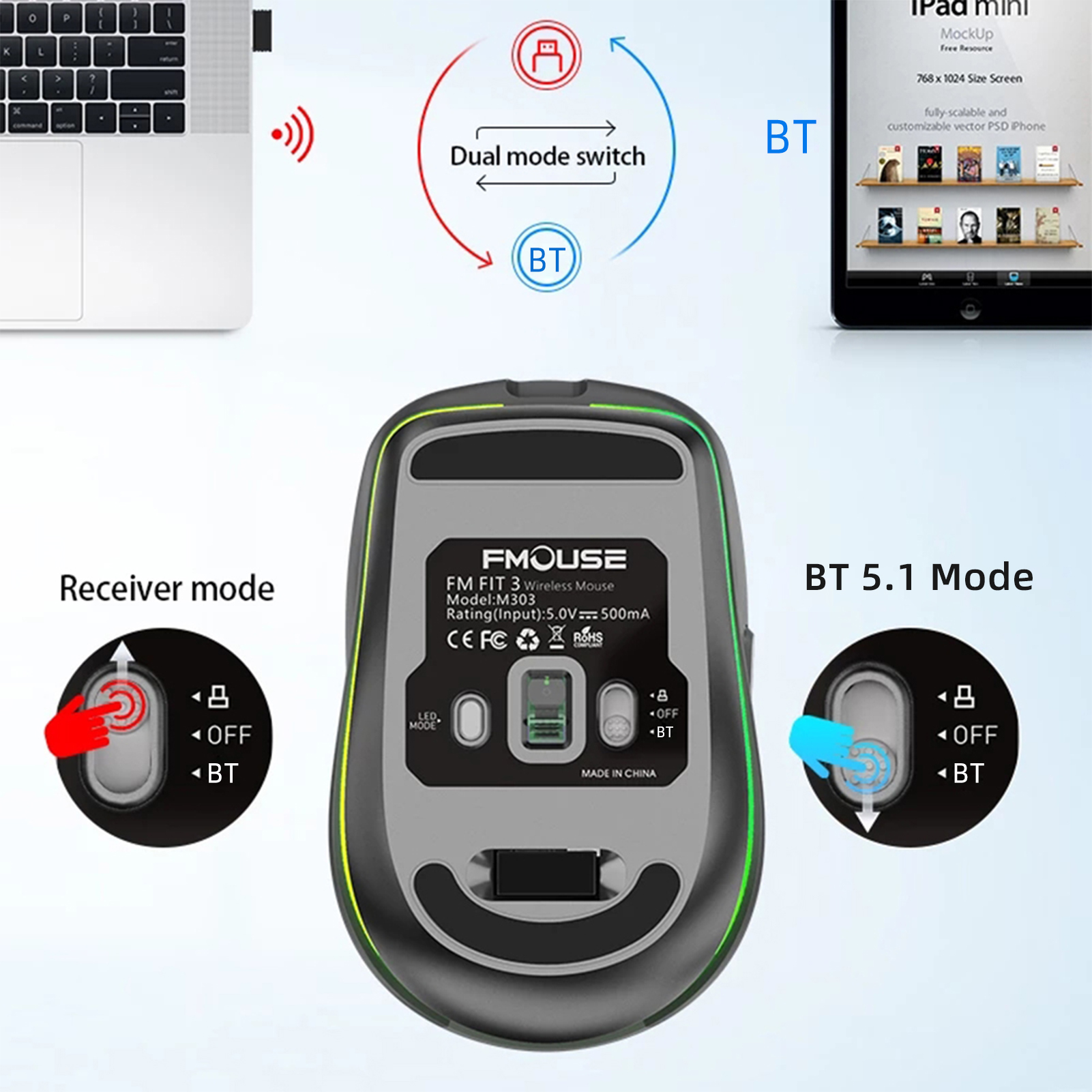 Dual-mode draadloze muis USB2.4G+BT5.1 Type-C oplaadbare gamingmuis Ergonomisch 2400 DPI met RGB-lichtmuizen
