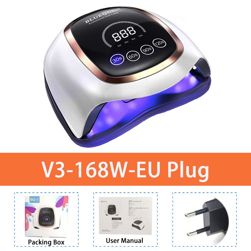 BLUEQUE V3 LED UV lámpara gran espacio 168W lámpara de uñas pantalla LCD rápido seca uñas secador de Gel lámpara lámpara para manicura: EU Plug