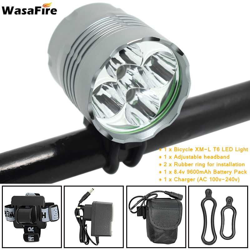 5*t6 led cykellygte lanterne 7000lm cykel forlygter mtb forlygte cykellygte  + 8.4v oplader  + 18650 batteripakke: 9600 mah og pandebånd