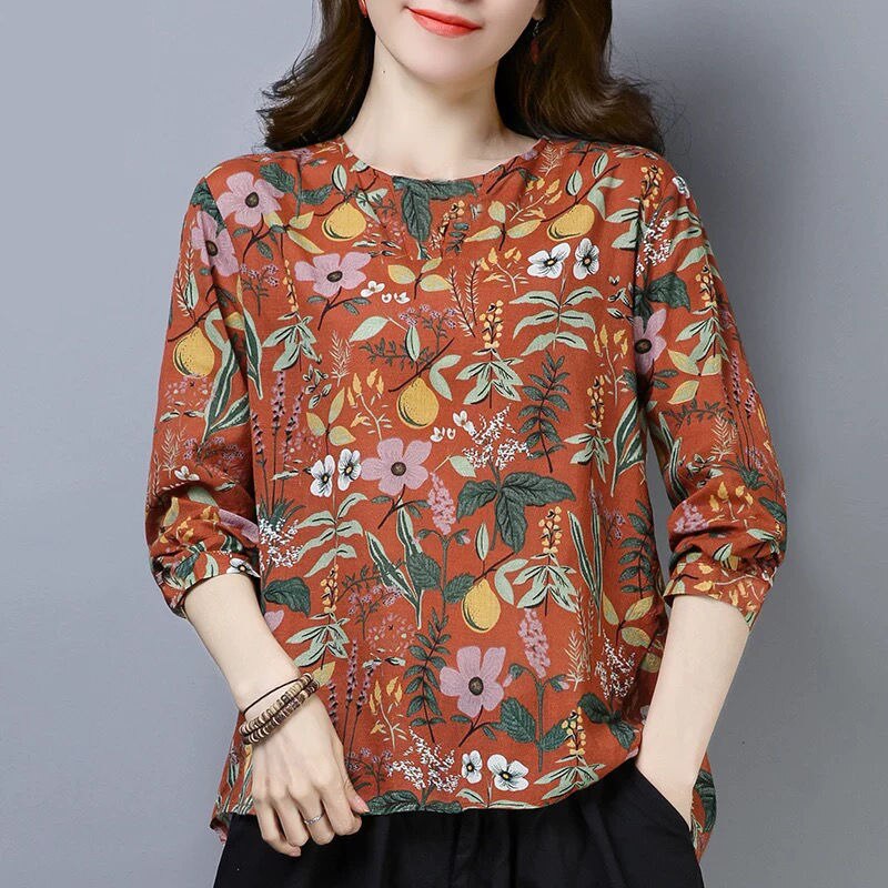 Katoen Linnen Shirt Plus Size Vrouwen Kleding Lange Mouw Top Bloemen Vintage Blouse Dames Casual Vrouwelijke: Oranje / 4XL