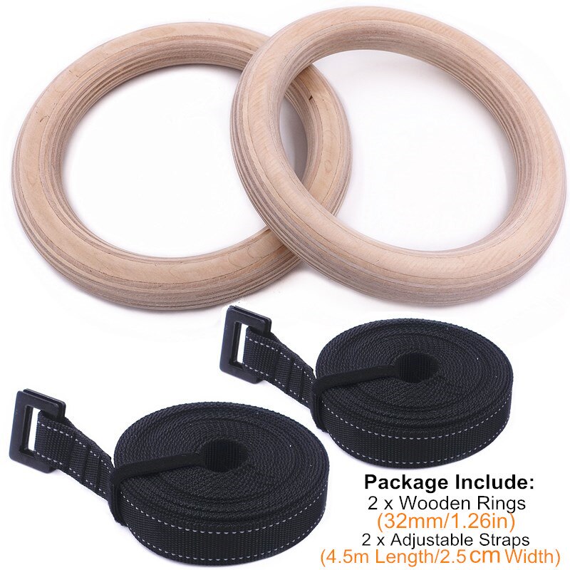 Anello per ginnastica in legno da 28/32mm con cinturini regolabili Crossfit casa palestra fitness tiro su attrezzatura per ginnastica per allenamento della forza: 32mm con Strap