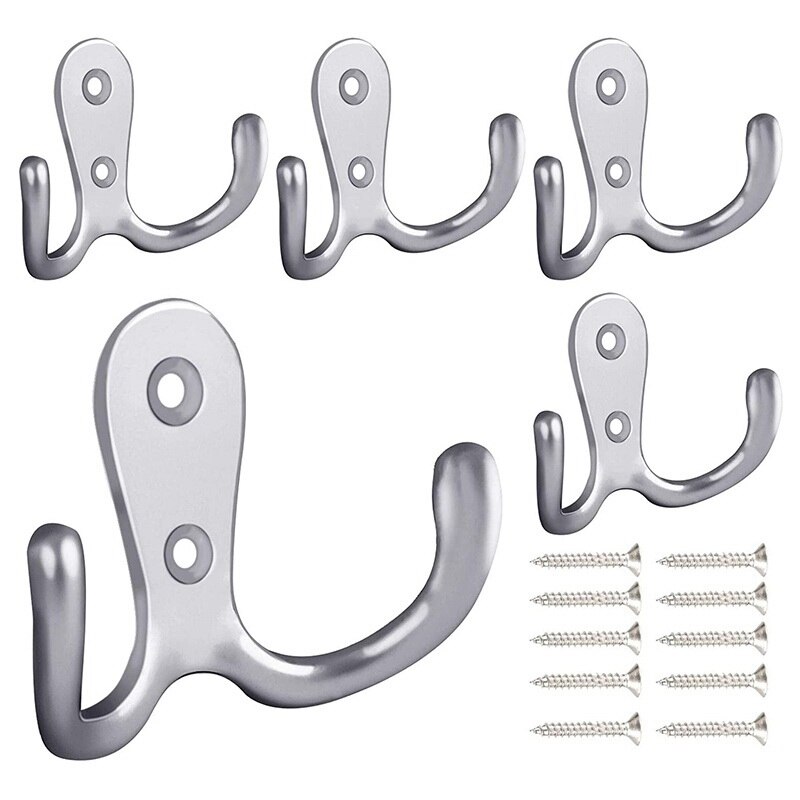 Double Prong Robe Hook With Screws, Dual Coat Hooks Wall Mounted Hanging Clothes For Bathroom Bedroom Door Wall: Silver