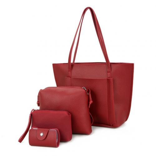 Soild Kleur 4 Stks/set Vrouwen Kunstleer Cross Body Schoudertas Handtas Kaarthouder Clutch: Wine Red