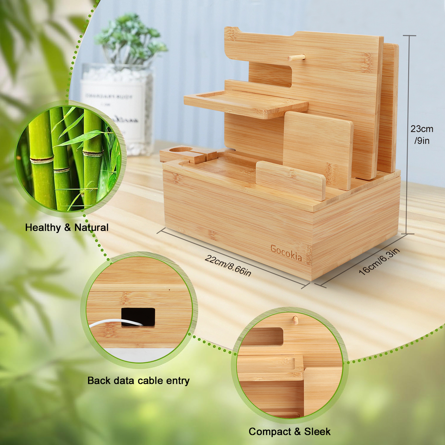 Bamboo Multiple Device Docking Station Phone Key Holder Laptop Tablet Watch Stand Desk Organizer Box for Friend Birthday