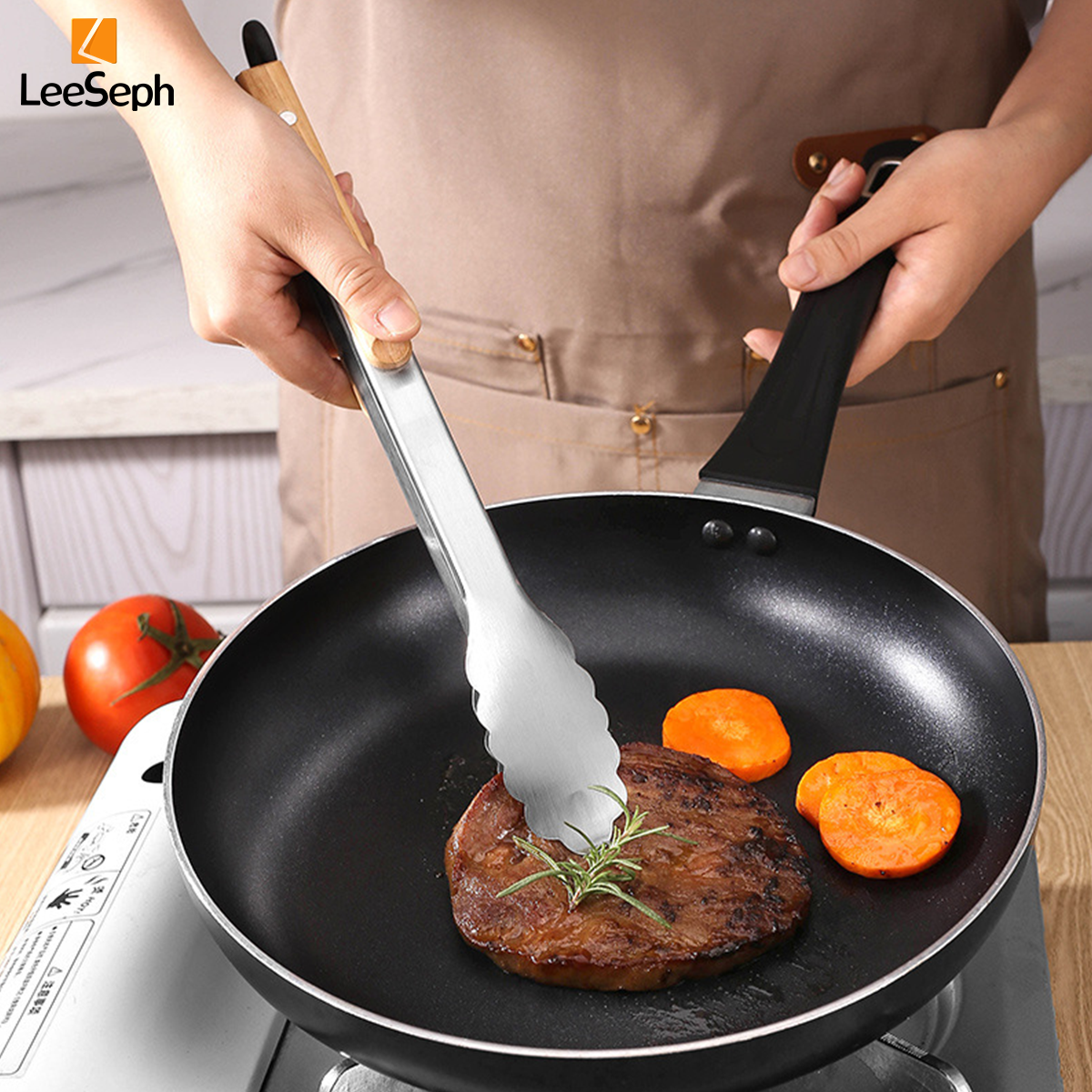 Pince de cuisson en acier inoxydable avec poignée en chêne, pince à salade avec anneau de verrouillage, gadget de cuisine pour barbecue à salade