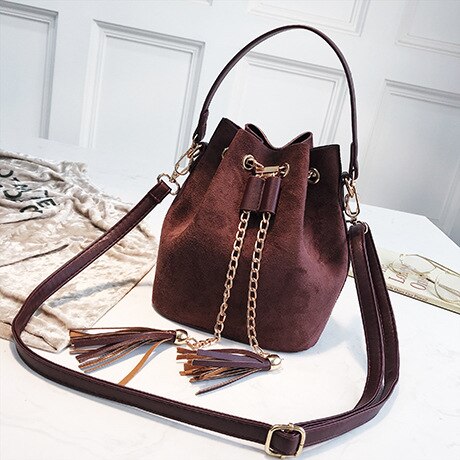 Mini bandoulière sacs à main mignon daim seau sac organisateur petit gland en cuir PU femmes sacs à bandoulière Bolsos: coffee