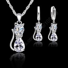 Ensemble de bijoux en argent Sterling 925 pour femmes et filles, boucles d&#39;oreilles avec pendentif en cristal, chat mignon, zircone cubique