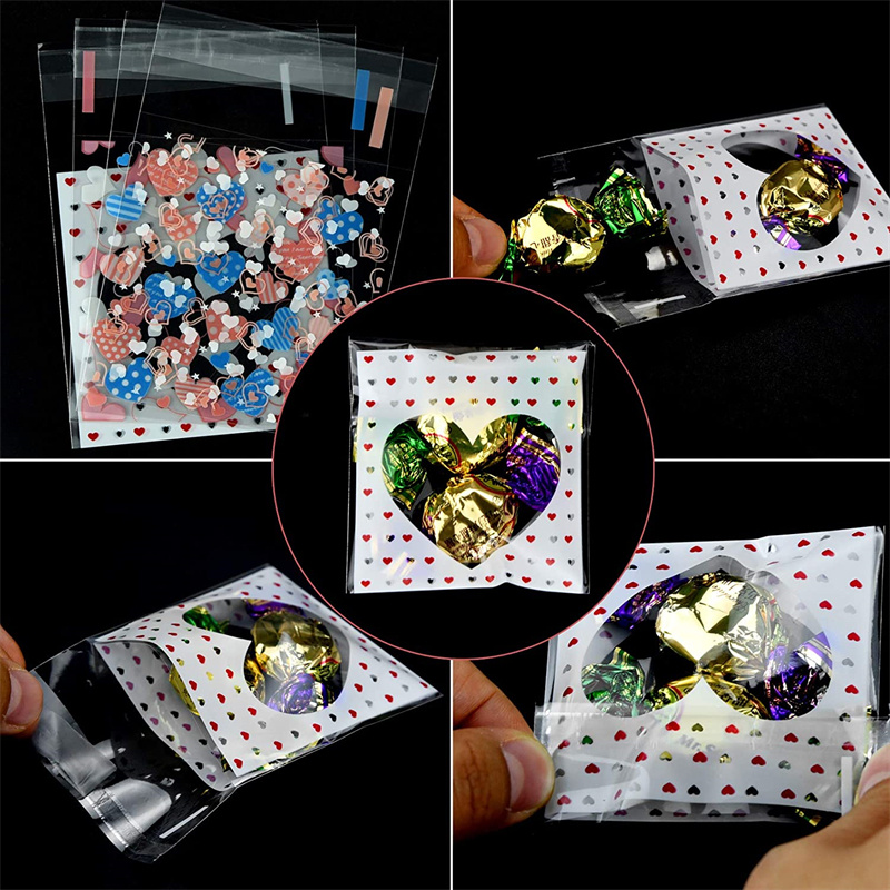 100 Uds 7x7/10x10cm bolsa de plástico para violonchelo con forma de corazón bolsa autosellante para DIY dulces galletas Snack paquete para hornear decoración pequeñas empresas