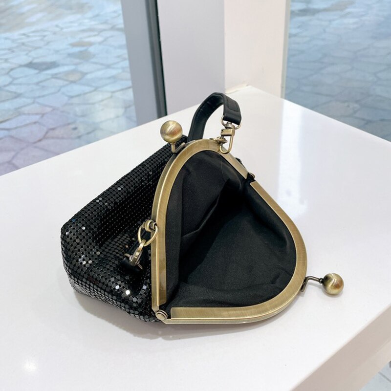 [BXX] Vintage Aluminum Sequins Bags Women Branded Chain Shoulder Hand Bag Lady Trend Handbags and Purses CB122