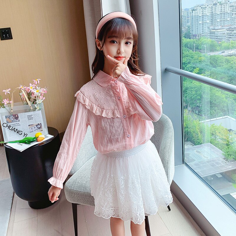 Blusa de algodón plisada con volantes para niña, camisa de color blanco y rosa para otoño, talla 4, 6, 8, 10, 12 y 14: Blanco / 6