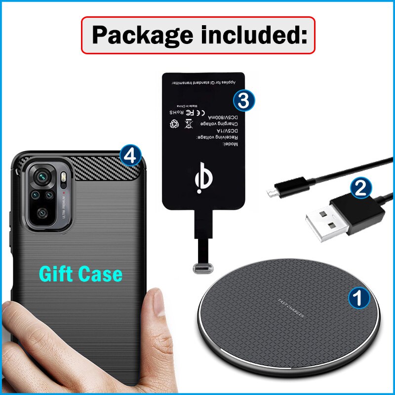 Qi Wireless Charging Receiver for Xiaomi Redmi Note 10 Pro Max 10S 10T 10 5G Phone Wireless Charger USB Type-C Charging Adapter