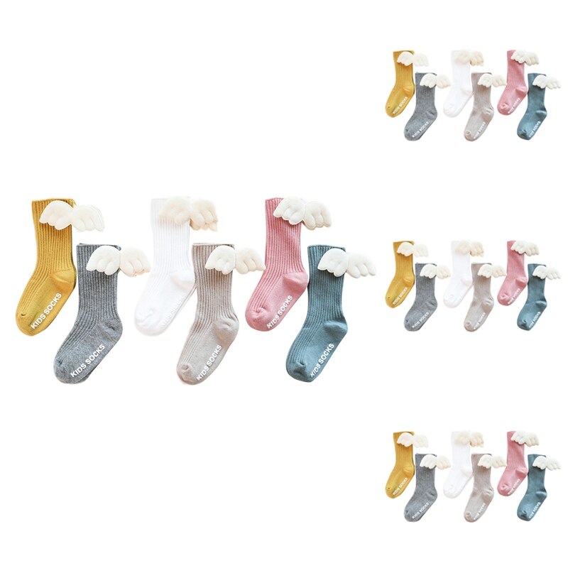 6 pares de calcetines hasta la rodilla para niñas. Calcetines de algodón con alas de ángel para verano y otoño. Calcetines cortos de Color liso para niños.