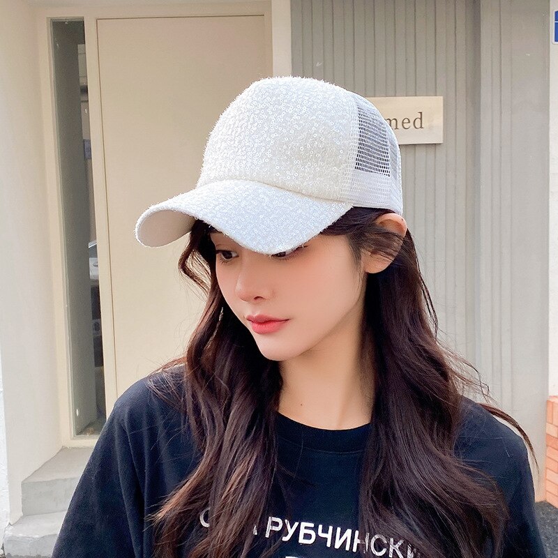 Gorra de béisbol de malla transpirable para mujer, gorro con lentejuelas, parasol, sombreros de Sol para viajes al aire libre, visera ajustable: Cream