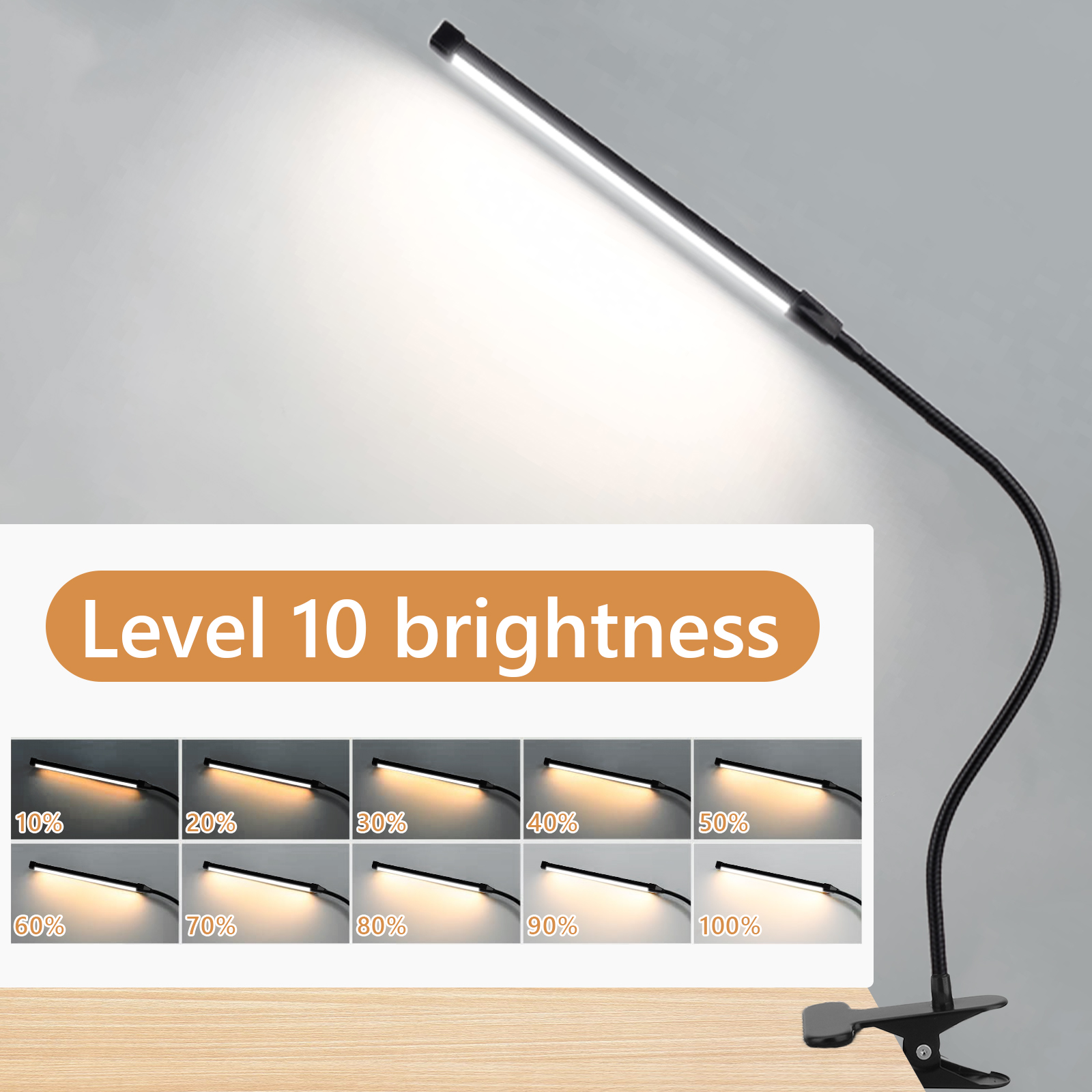 B LED-Schreibtischlampe mit Klemme, augenschonende Clip-an-Leuchten für das Heimbüro, 3 Modi, 10 Helligkeiten, langer, flexibler Schwanenhals, Metall