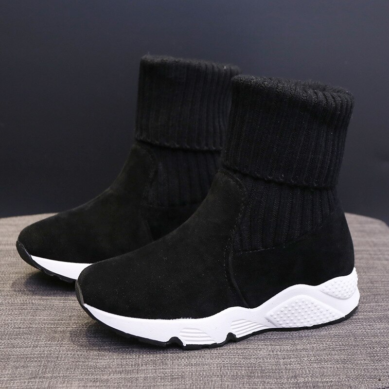 Platforma ocieplenie łydki Warp pół skarpety buty damskie buty na co dzień lekkie wygodne wsuwane buty damskie buty zimowe śliczne futrzane buty: Black / 36