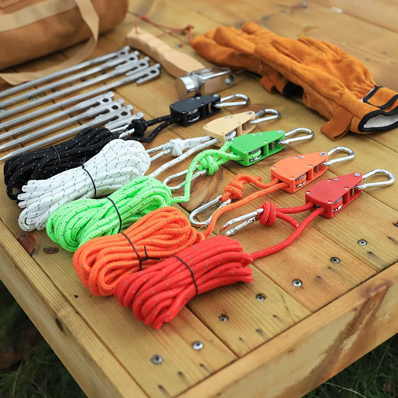 Tendeur de Corde pour Tente de Camping, 5m, Poulie de Fixation, Cintres à Cliquet, Crochet de Corde d'Auvent, Modifications de Corde, Sangles de Serrage