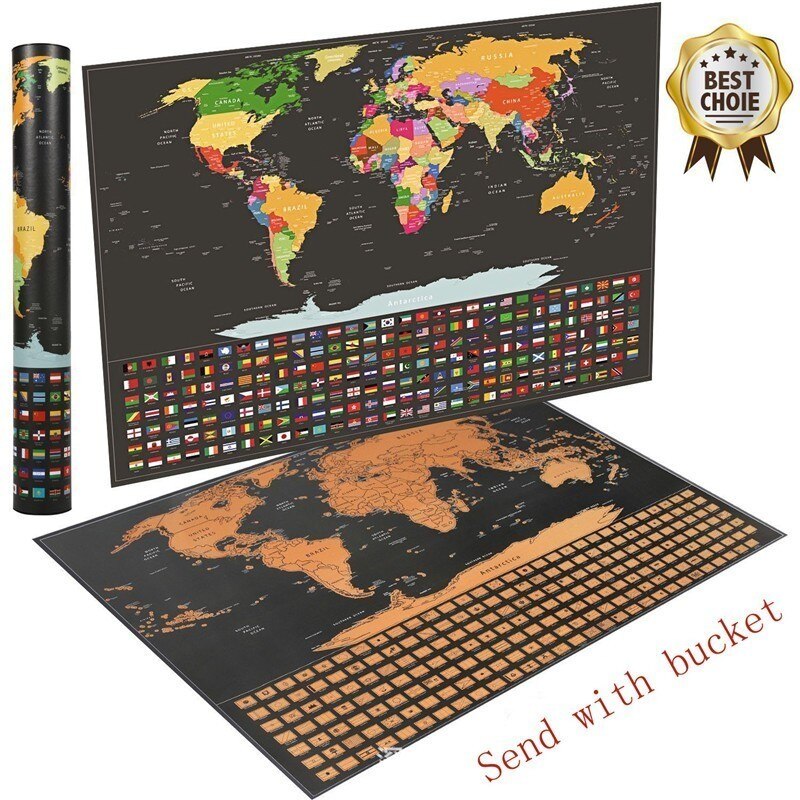 Deluxe Erase Black World Map Scratch Off World Travel Map Poster Copper Foil With Cylinder Packing School Stationery