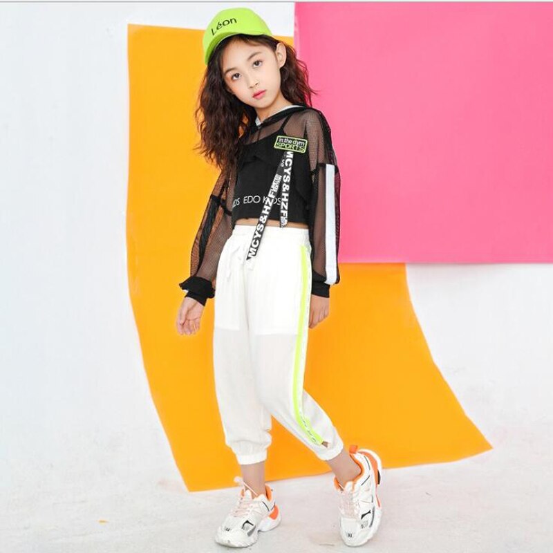 Vêtements de danse Hip Hop pour enfants, sweat à capuche, t-shirt, hauts, pantalons de jogging blancs pour filles, Costume de danse Jazz, vêtements de rue