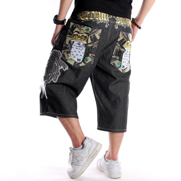 Short en jean pour hommes, jambes larges, broderie, Hip Hop, Baggy, Capri, imprimé, surdimensionné, 30-46: 32