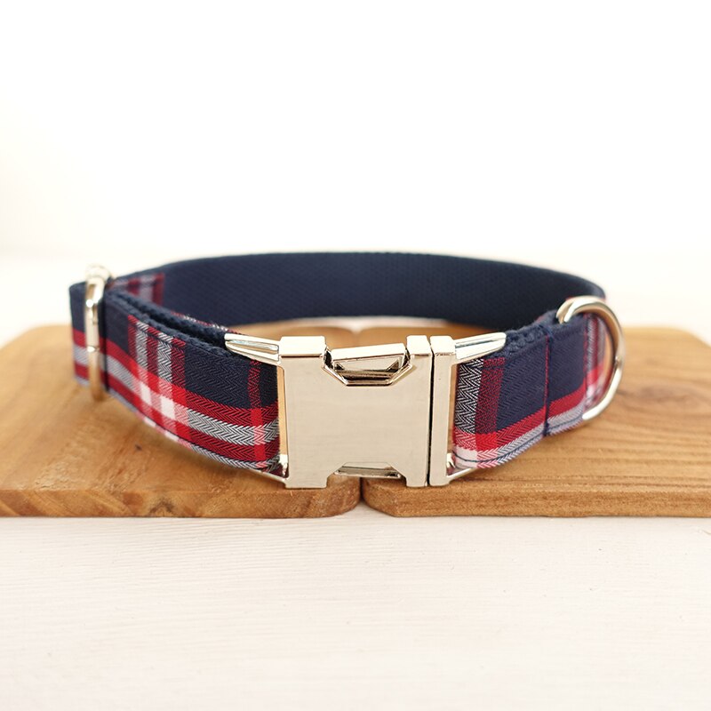 Dog Collar and Leash Set Blue Red Plaid Custom Engrave Name Dog Collars Quick Lease Metal Hardware Pet Collar Big