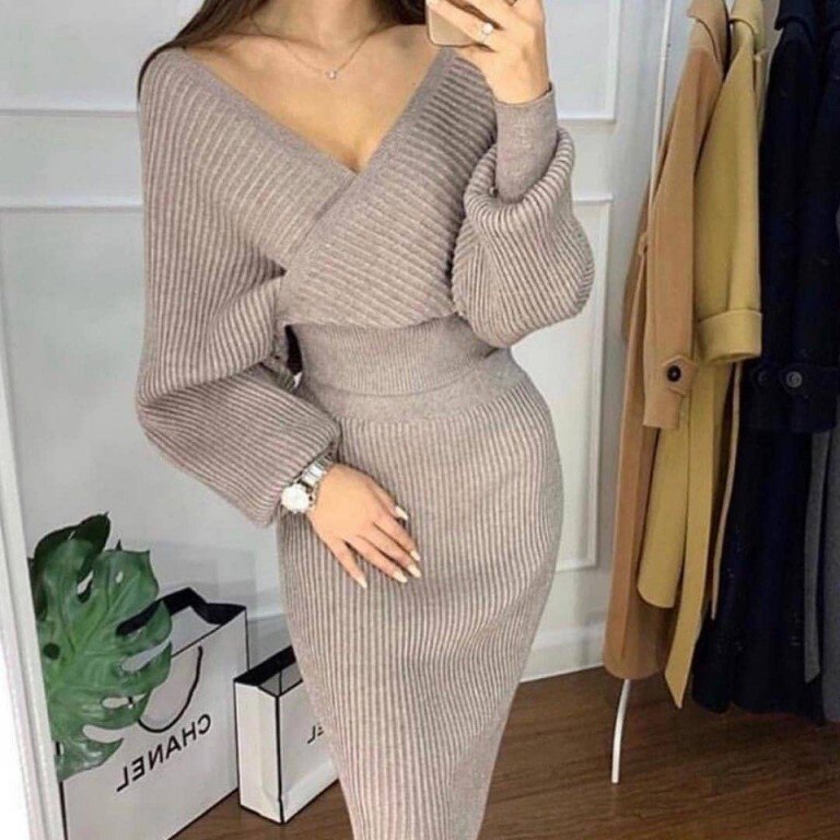 V-neck Knitting Sweater Women Set 2 Piece Pullovers Skirt Outfits For Women Suit Casual Shoulder Off Top Pack Hip Women Set