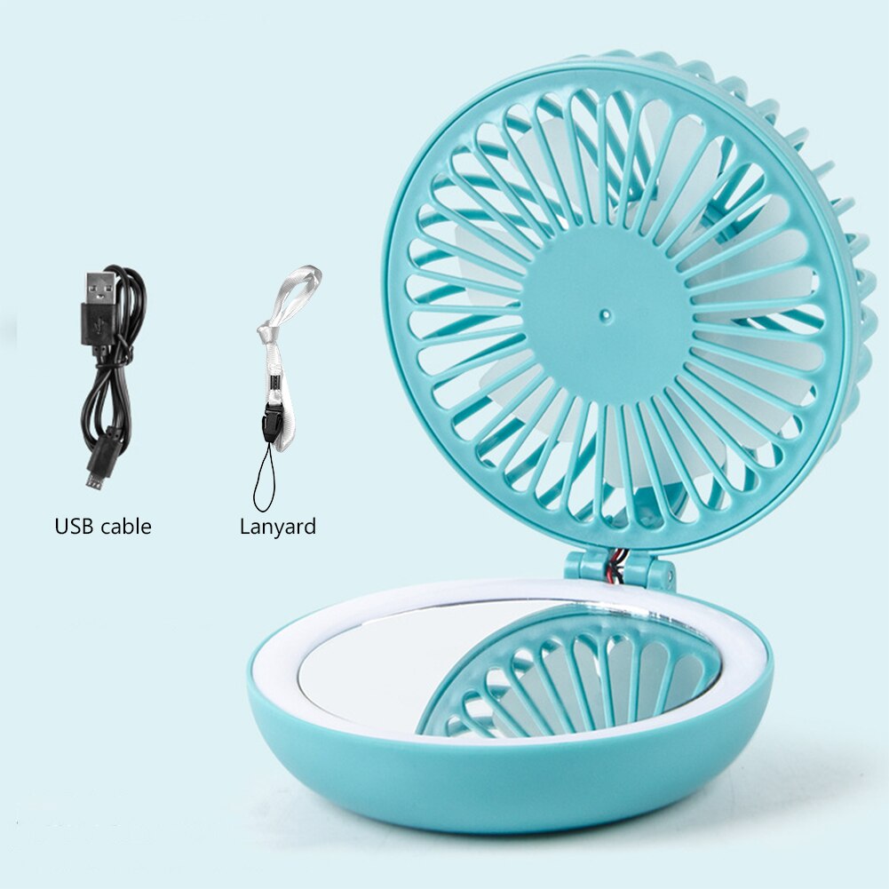 Przenośny wentylator USB 3 tryby prędkości z lusterkiem i światłem LED - Biały, Różowy, Niebieski: Niebieski