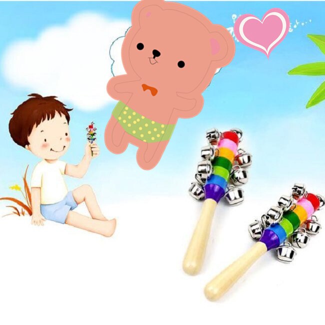 Baby's Bell Rattle Rainbow Shaker Stick Educational Toy Handle Wooden Activity Bell Ring Rainbow Musical Instrument