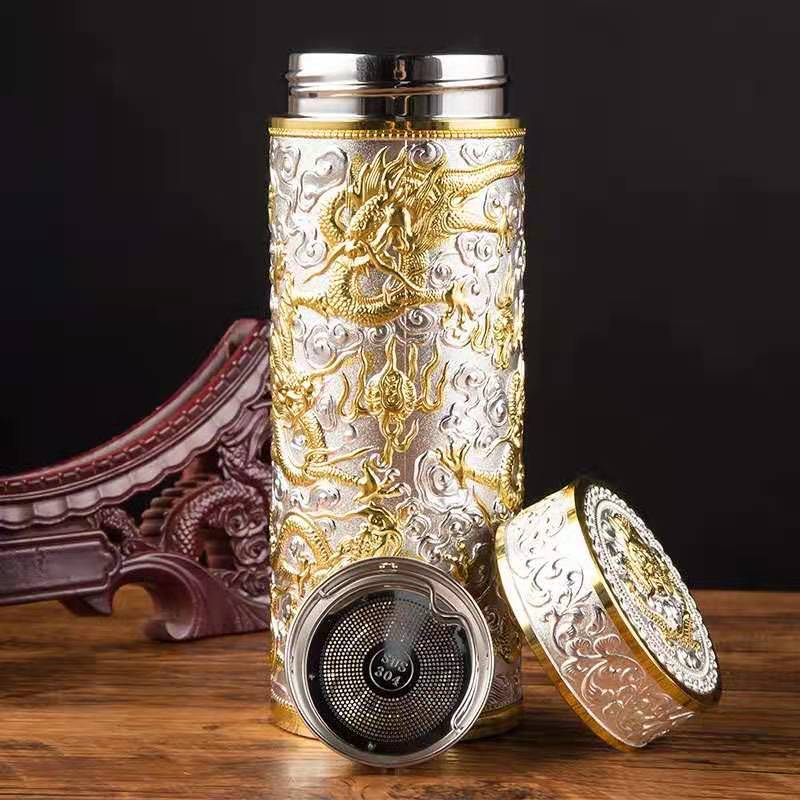 Silver Inner Liner Thermos Bottle Chinese Style Dragon Pattern Water Bottle Insulated Thermos Flask For Camping Business