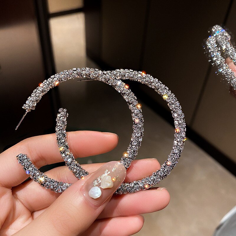 Fyuan Mode Grote Ronde Crystal Hoop Oorbellen Voor Vrouwen Bijoux Zilveren Kleur Strass Oorbellen Verklaring Sieraden Party