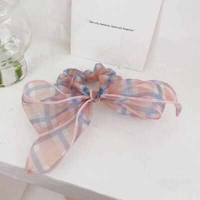 Summer Day MORI Series GIRL'S Plaid Gauze Bow Hair Band Organza Large Intestine Ring Hair Band Korean-style Hipster INS: Pink and Blue Plaid