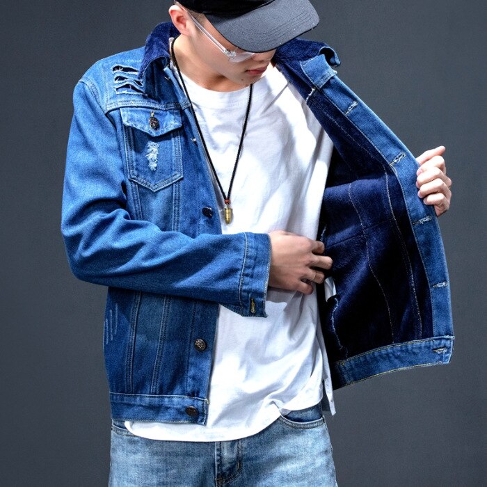 men with winter wool denim jacket youth hole patch denim jacket