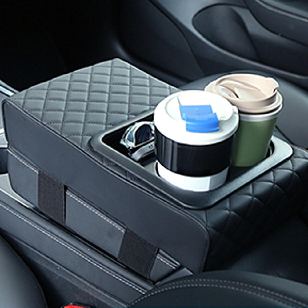 Car Center Console Armrest Cushion With Cup Holder PU Leather ABS Armrest Pad Portable Car Amrest Pillow Cover Height Pad