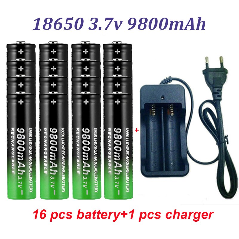 100% Fast Charging 18650 Battery 9800Mah 3.7V 18650B Li-Ion Flashlight Batteries+Charger