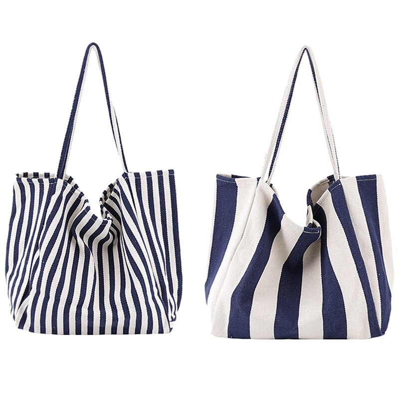 Dames gestreepte canvas handtas zomer strand klassieke stof zachte grote handtas dames casual tas dunne streep blauw