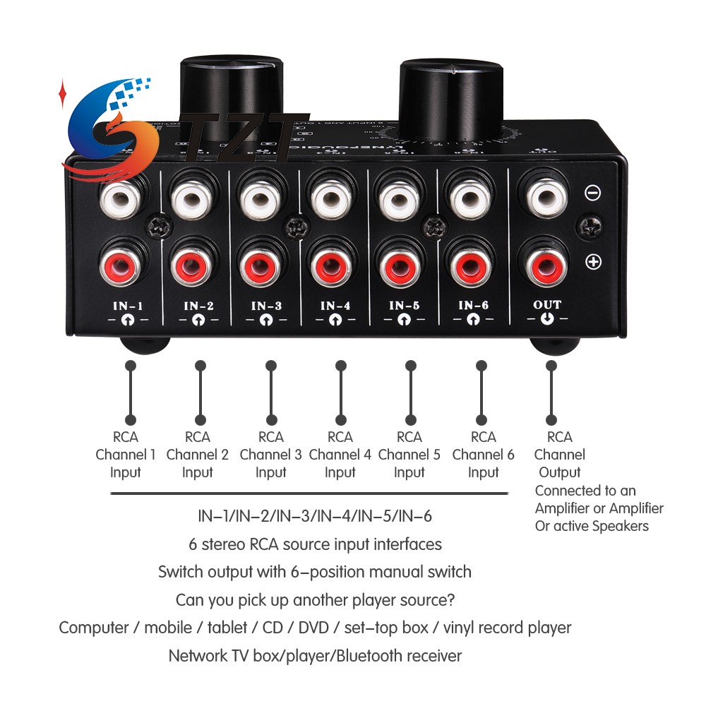 Selettore di segnale di ingresso Audio TZT interruttore di ingresso Audio selettore Audio RCA 6 in e 1 fuori