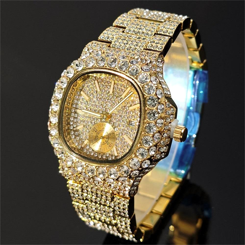 Lyxig iced klocka herrklocka i rostfritt stål guld armbandsur hiphop diamant bling smyckesklocka för män reloj hombre: Reste sig