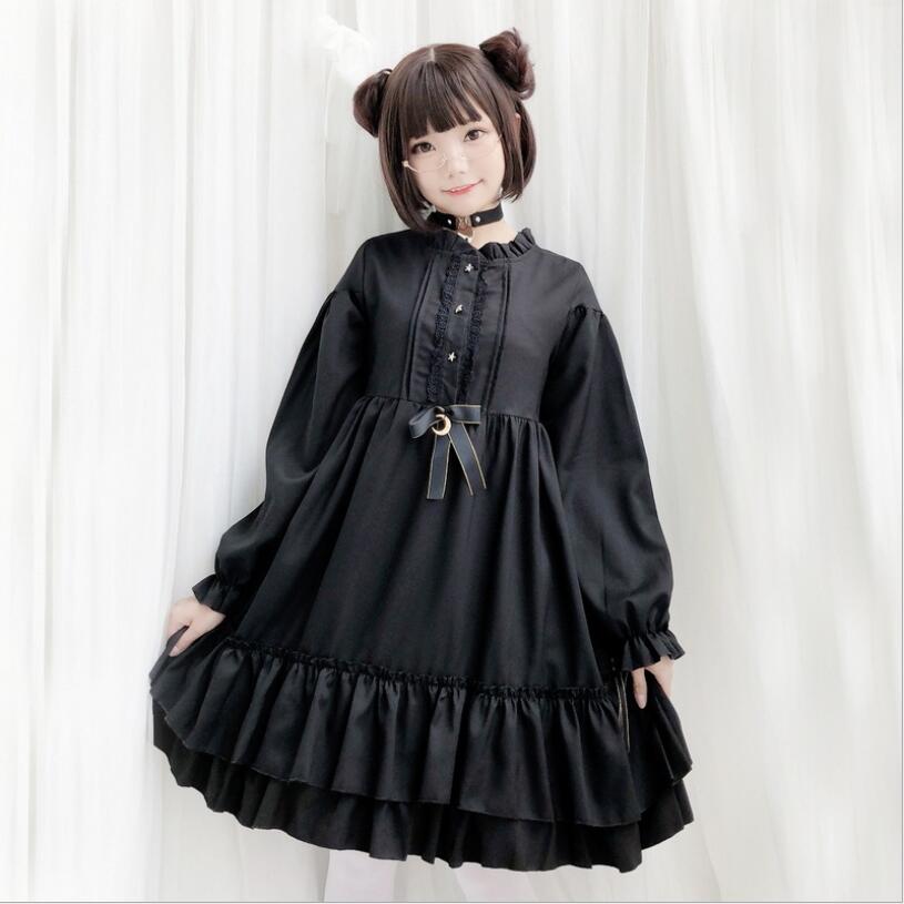Robe Lolita japonaise noire Vintage gothique à manches longues, robe Court Kawaii pour filles, tenue de fête du thé: Long sleeve / M