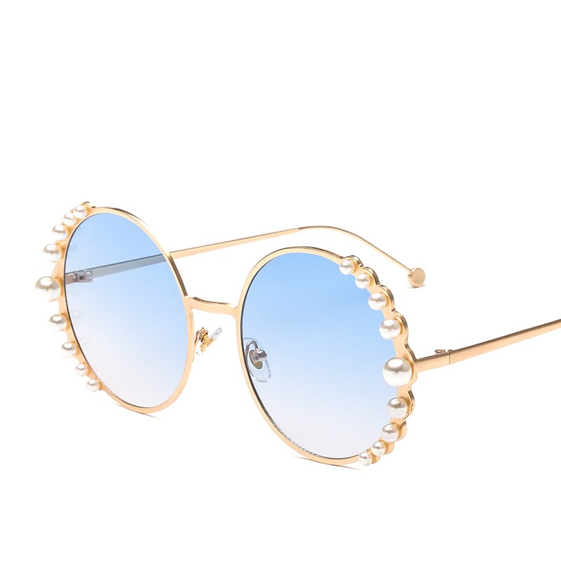 Luksus perle solbriller kvinder metal stel runde solbriller mærke spejl perle solbriller  uv400: Guldblå