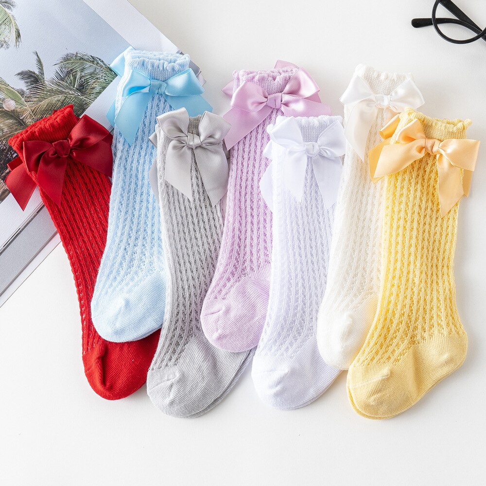 Chaussettes d'été pour bébé fille, avec nœuds, en maille, pour -né, hautes, respirantes, couleur unie, douces, en coton, pour nourrissons