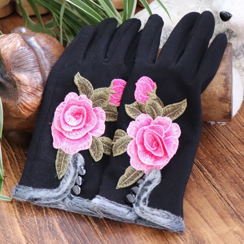 Punk Cotton Driving Fingerless Gloves For Women Gloves Winter Touch Screen Flowers Embroidery Gloves Autumn Winter