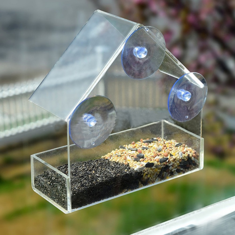 Clear Window Bird Feeder Large Wild Bird Feeder Triangle Shaped Removable Tray With Drain Holes Super Strong Suction Cups